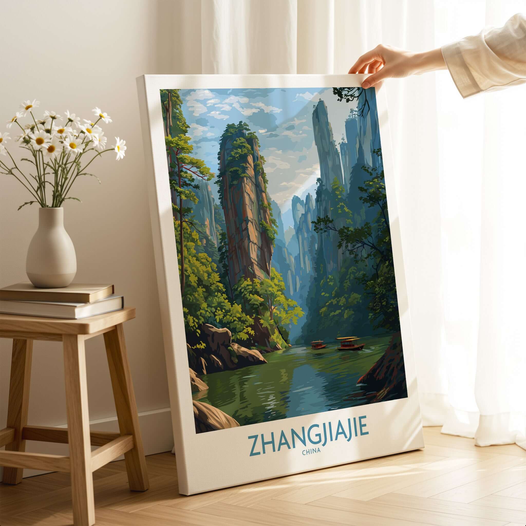Zhangjiajie China Art Print | Karst Peaks River Poster displayed in a cozy interior with lush green landscape.