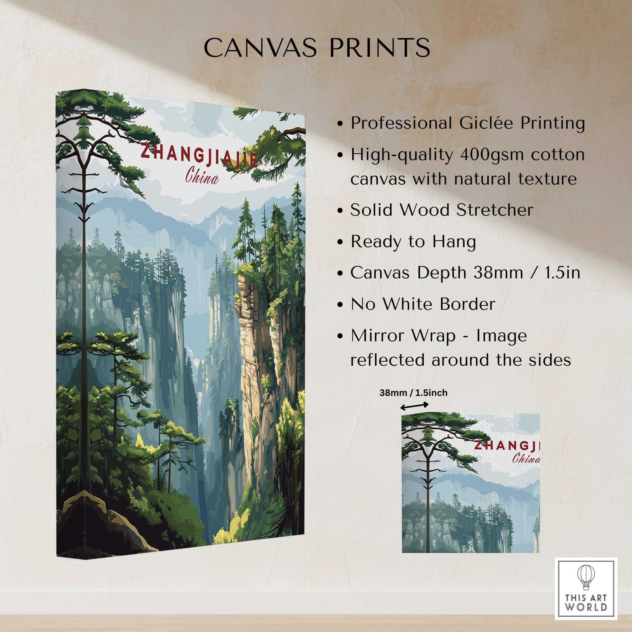 Zhangjiajie China Art Print | Misty Forest Canyon Poster featuring majestic misty canyons and lush greenery.