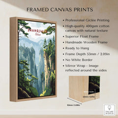 Zhangjiajie China Art Print | Misty Forest Canyon Poster showcasing a framed canvas print with misty forest imagery.
