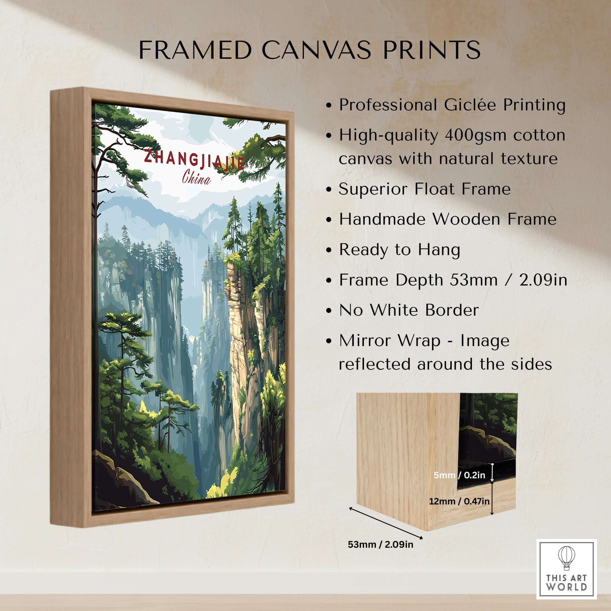 Zhangjiajie China Art Print | Misty Forest Canyon Poster showcasing a framed canvas print with misty forest imagery.