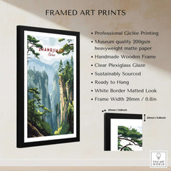 Zhangjiajie China Art Print | Misty Forest Canyon Poster framed with clear Plexiglass and white border matted look.