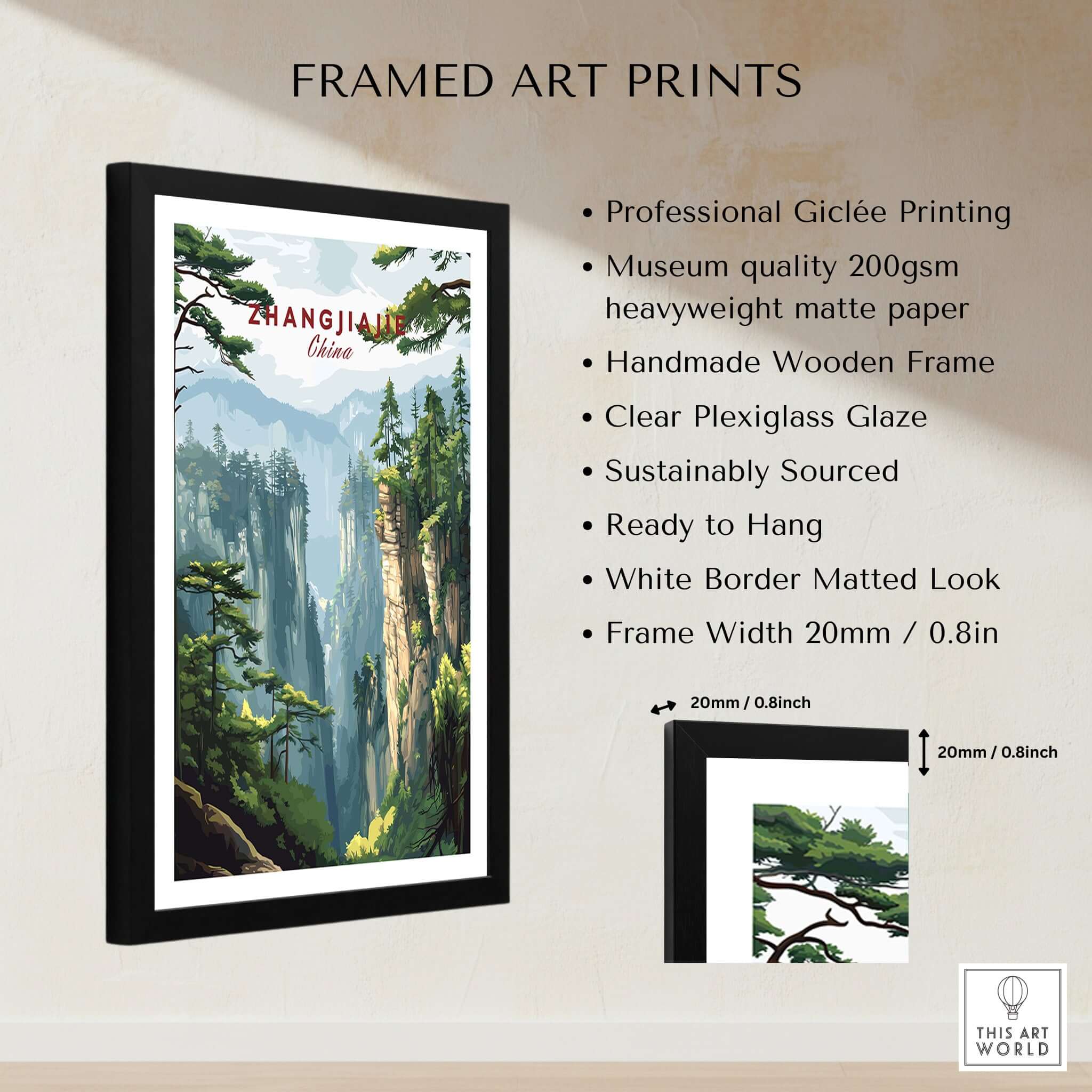 Zhangjiajie China Art Print | Misty Forest Canyon Poster framed with clear Plexiglass and white border matted look.