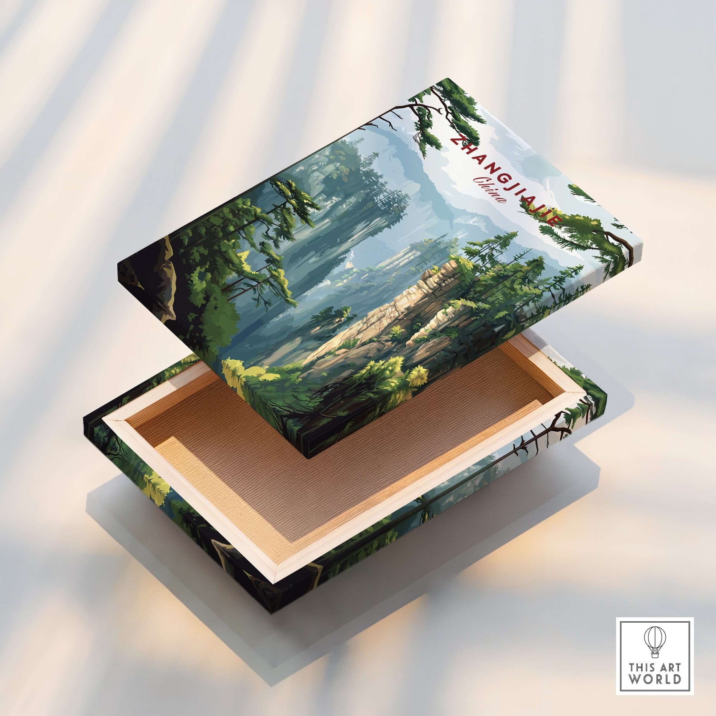 Zhangjiajie China Art Print | Misty Forest Canyon Poster decorative box showcasing mystical forest landscape design.