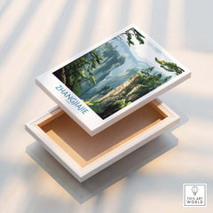 Zhangjiajie China Art Print | Misty Forest Canyon Poster displayed on an open wooden box, showcasing stunning landscape art.