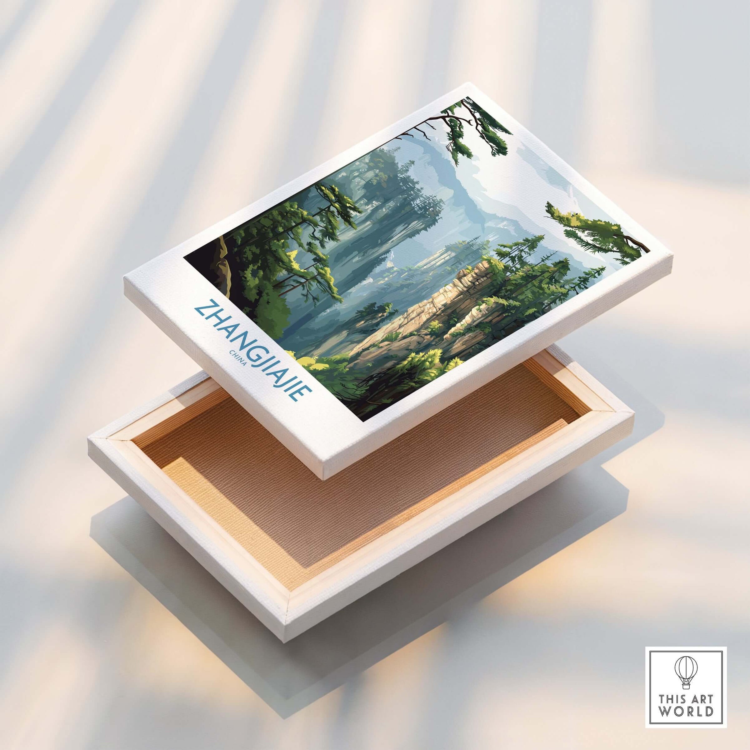 Zhangjiajie China Art Print | Misty Forest Canyon Poster displayed on an open wooden box, showcasing stunning landscape art.