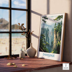Zhangjiajie China Art Print | Misty Forest Canyon Poster displayed in a bright room with a scenic view.