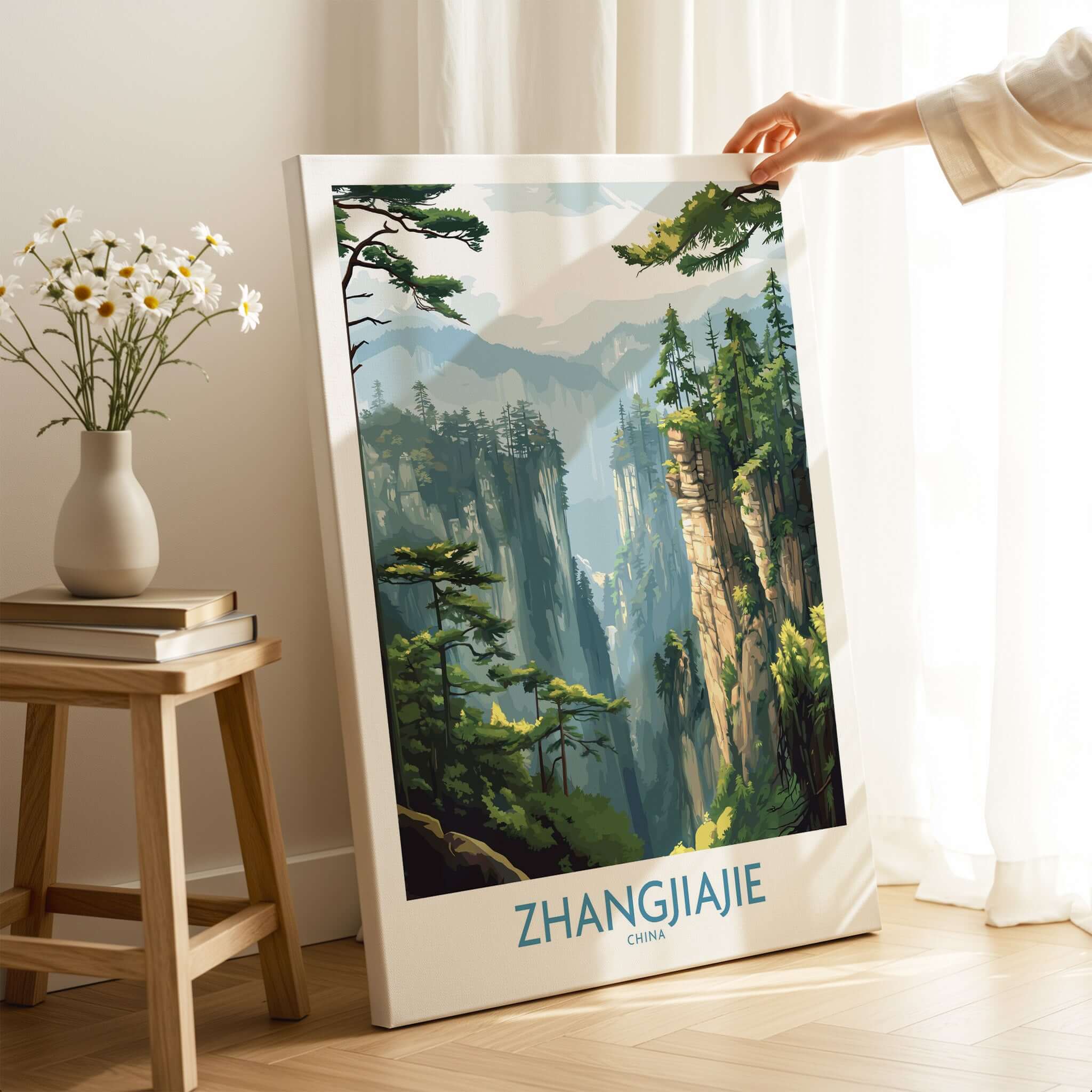 Zhangjiajie China Art Print | Misty Forest Canyon Poster featuring misty cliffs and lush greenery in a cozy setting.