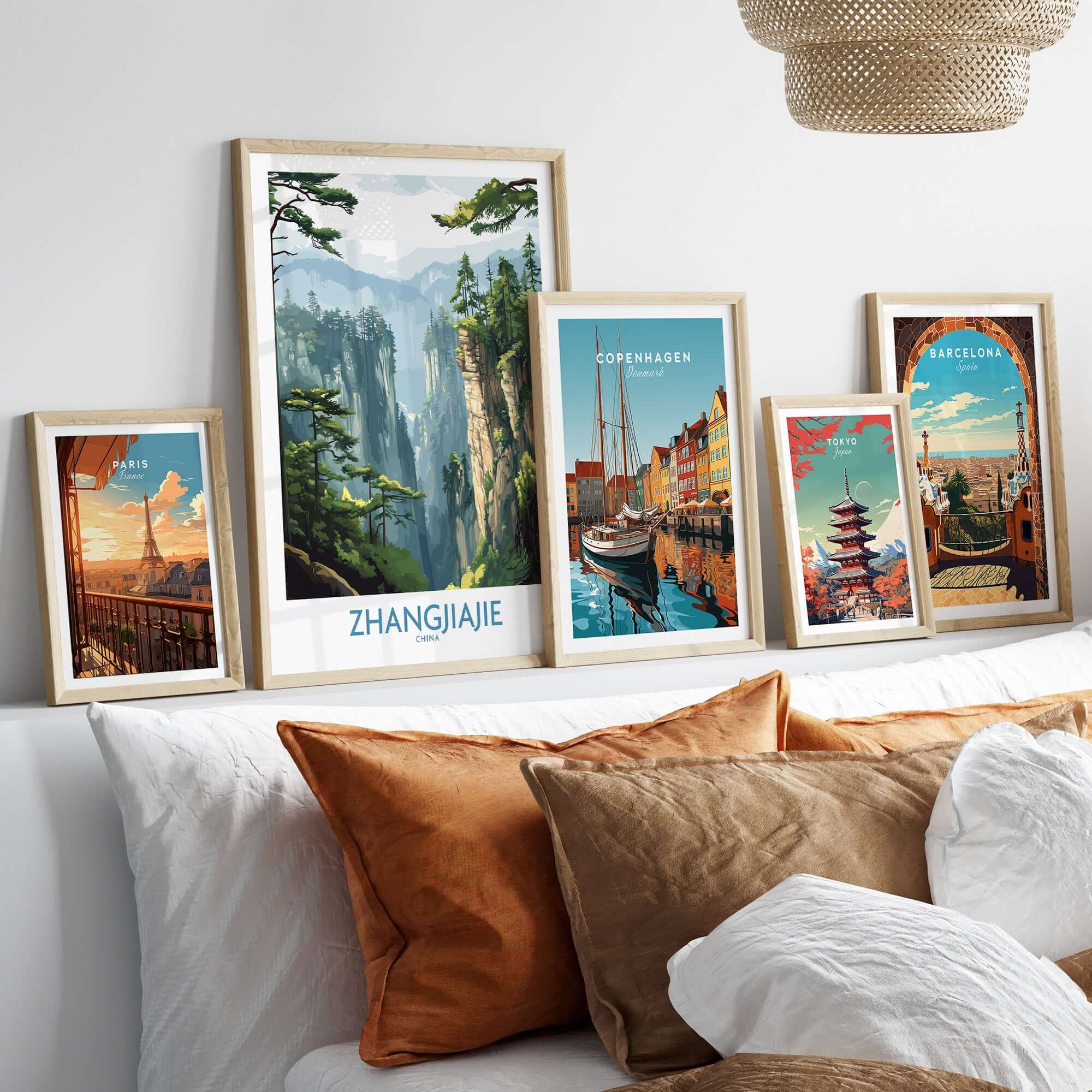 Zhangjiajie China Art Print | Misty Forest Canyon Poster displayed among other city art prints on a cozy sofa.