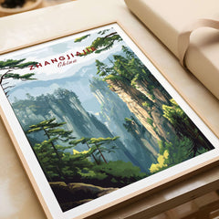 Zhangjiajie China Art Print | Misty Forest Canyon Poster showcasing lush green canyons and misty landscapes.