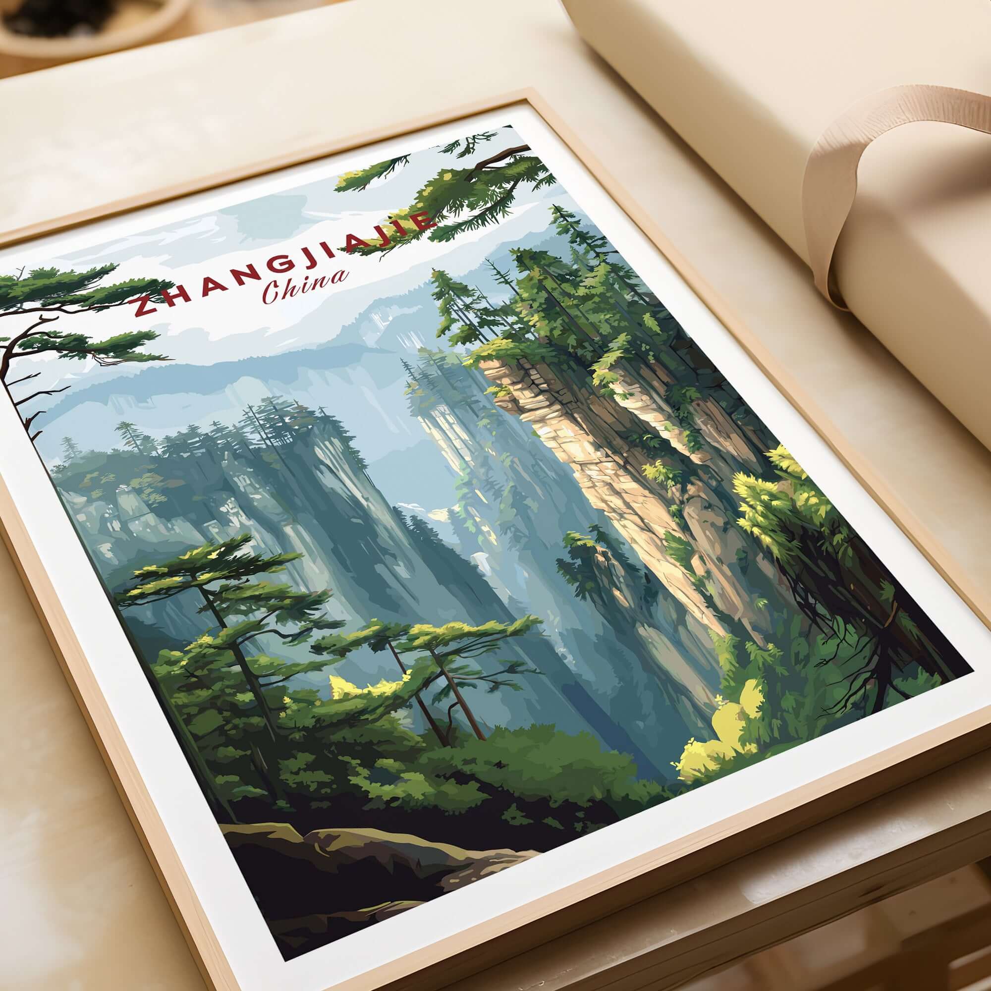 Zhangjiajie China Art Print | Misty Forest Canyon Poster showcasing lush green canyons and misty landscapes.