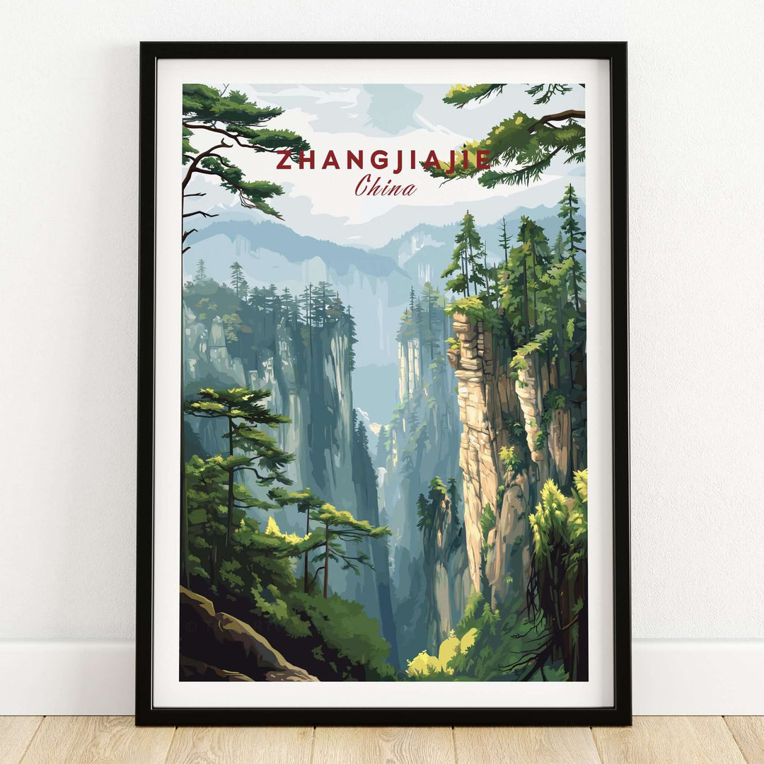 Zhangjiajie China Art Print | Misty Forest Canyon Poster featuring misty forest canyons and towering cliffs.