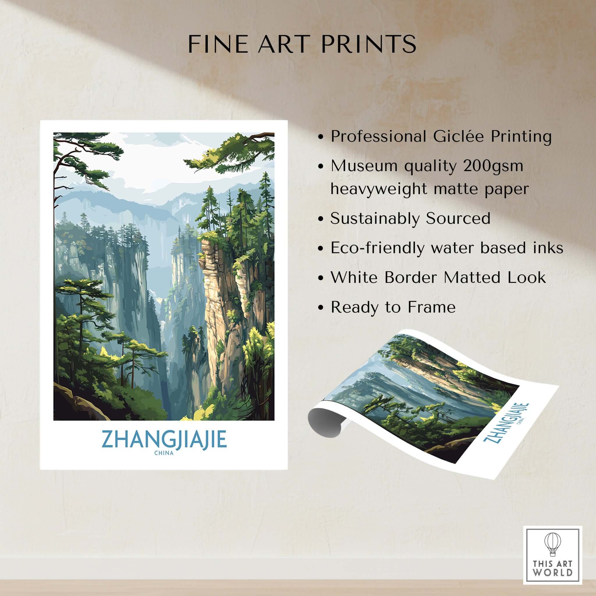 Zhangjiajie China Art Print | Misty Forest Canyon Poster showcasing stunning canyon landscape with misty forest.