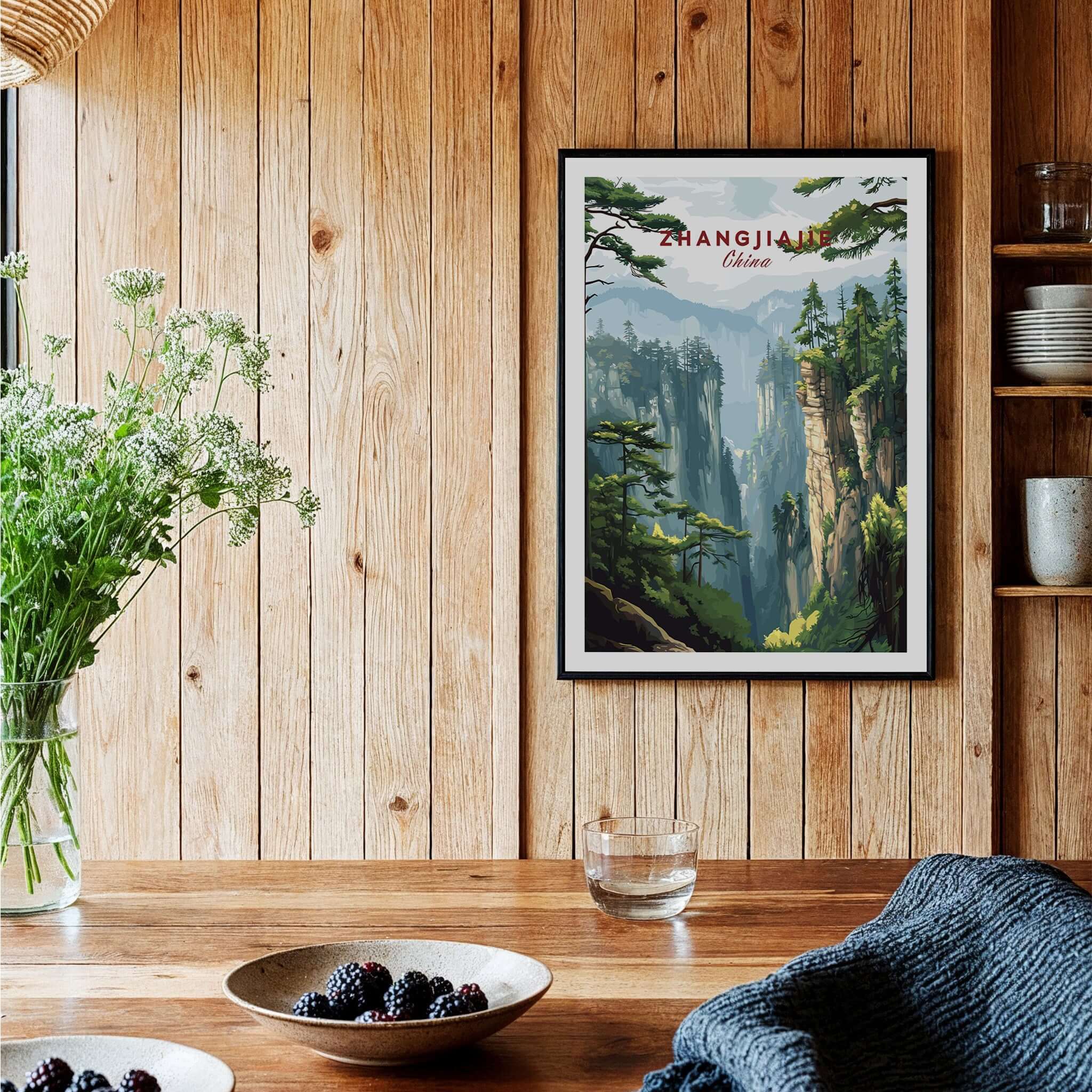 Zhangjiajie China Art Print | Misty Forest Canyon Poster displayed in a cozy interior with wooden decor.