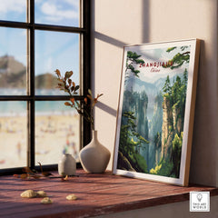 Zhangjiajie China Art Print | Misty Forest Canyon Poster displayed indoors near a window with beach view.