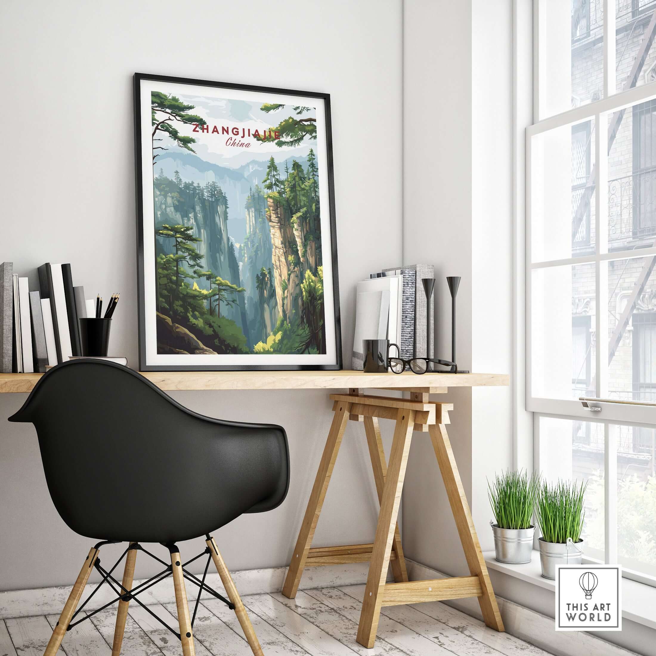 Zhangjiajie China Art Print | Misty Forest Canyon Poster displayed in a modern workspace.