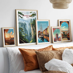 Zhangjiajie China Art Print | Misty Forest Canyon Poster displayed among other travel art prints in a cozy home setting.