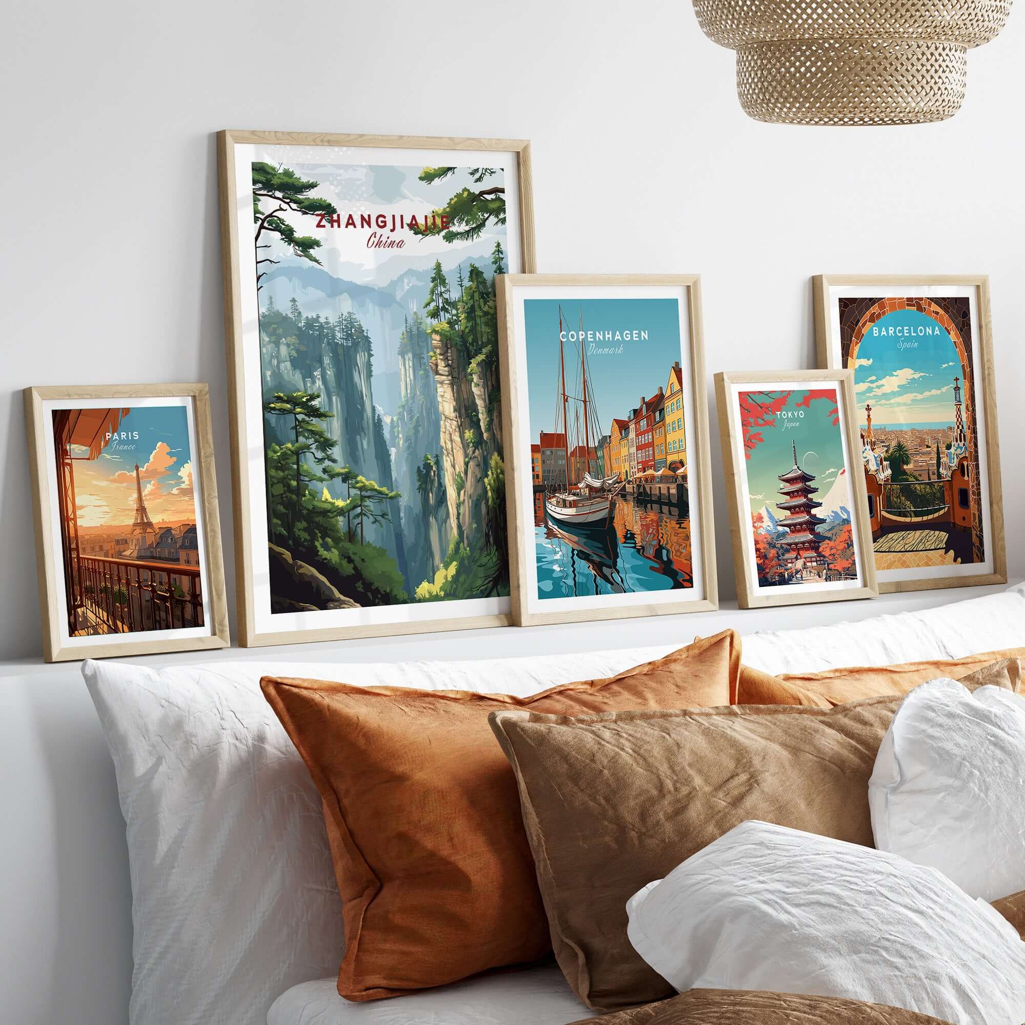 Zhangjiajie China Art Print | Misty Forest Canyon Poster displayed among other travel art prints in a cozy home setting.