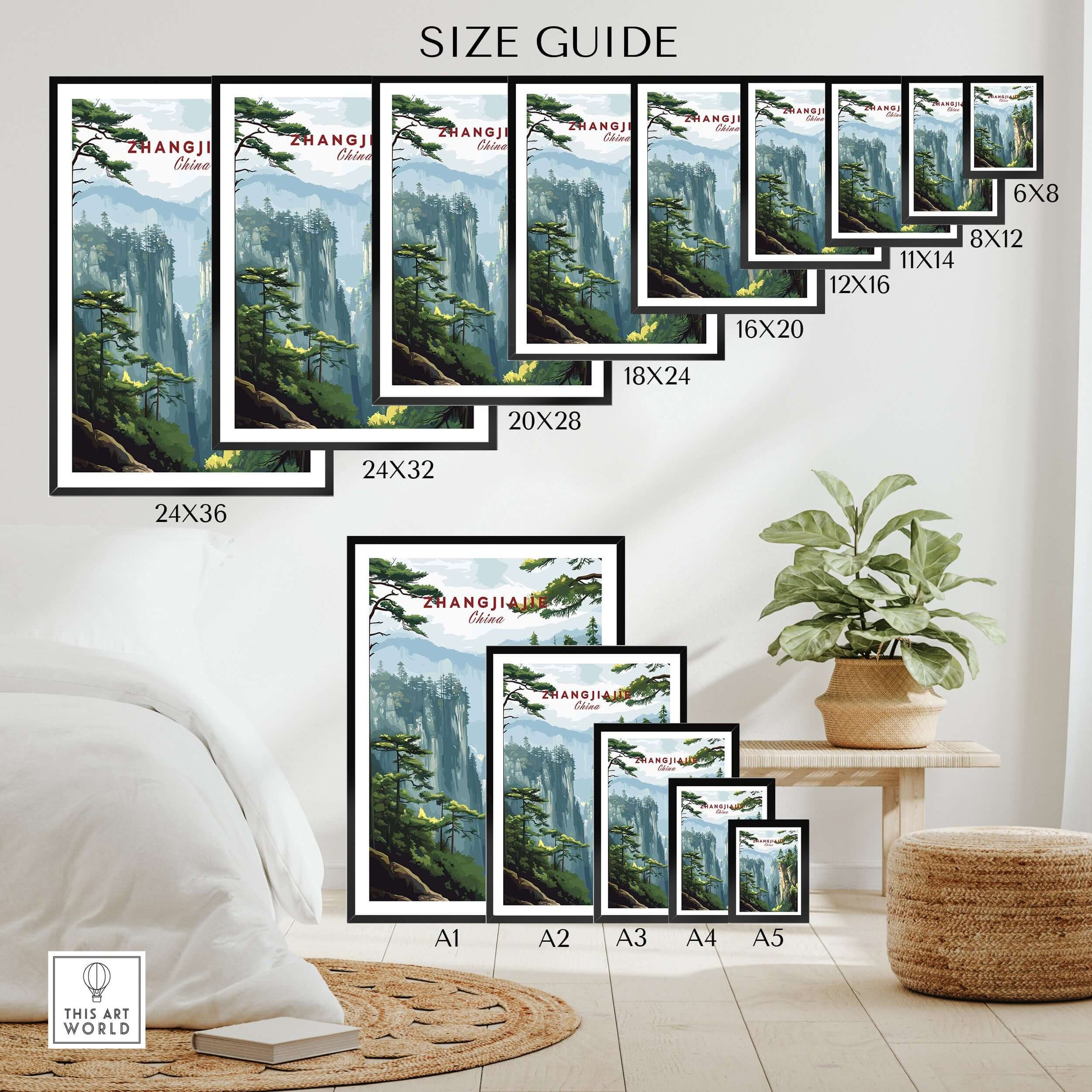Zhangjiajie China Art Print | Misty Forest Canyon Poster size guide showing various frame sizes and layouts.