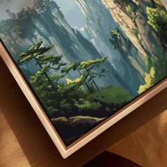 Zhangjiajie China Art Print | Misty Forest Canyon Poster featuring a serene forest landscape with mountains.