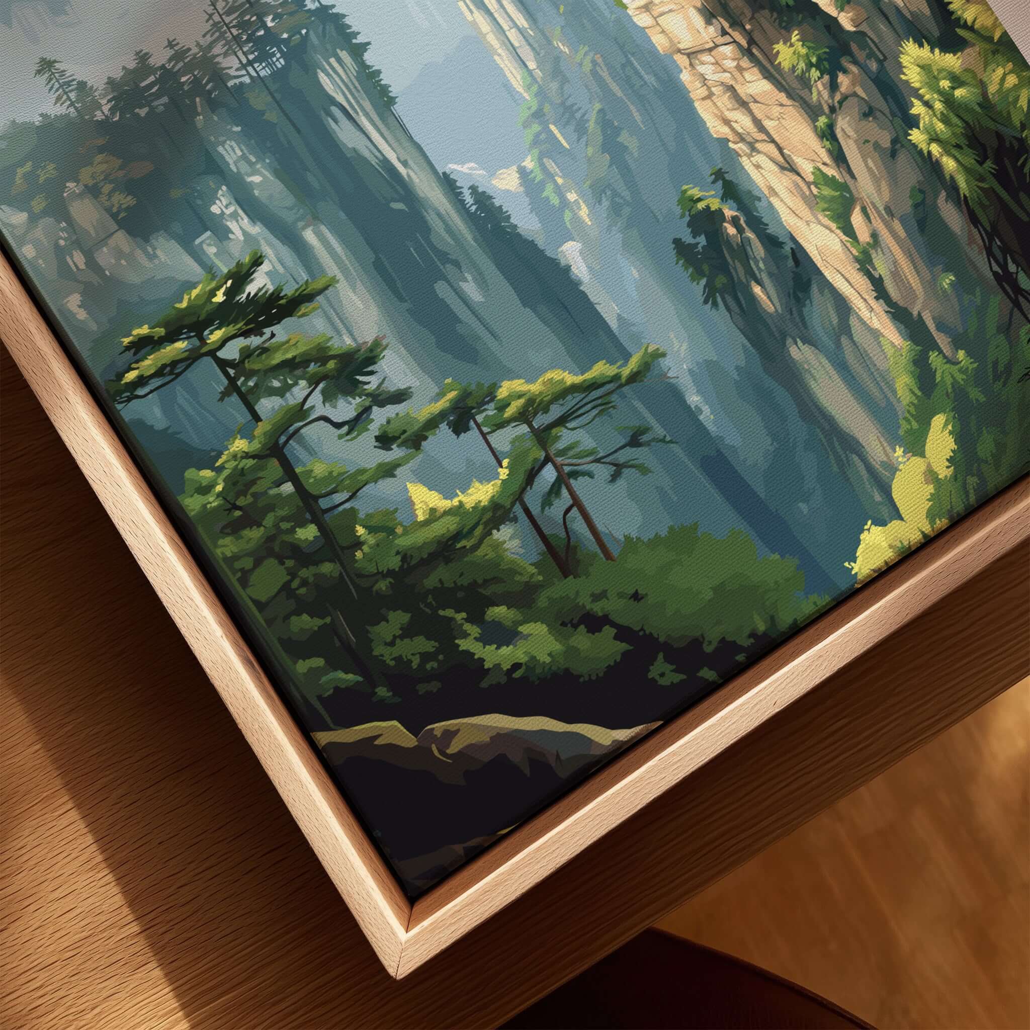 Zhangjiajie China Art Print | Misty Forest Canyon Poster featuring a serene forest landscape with mountains.