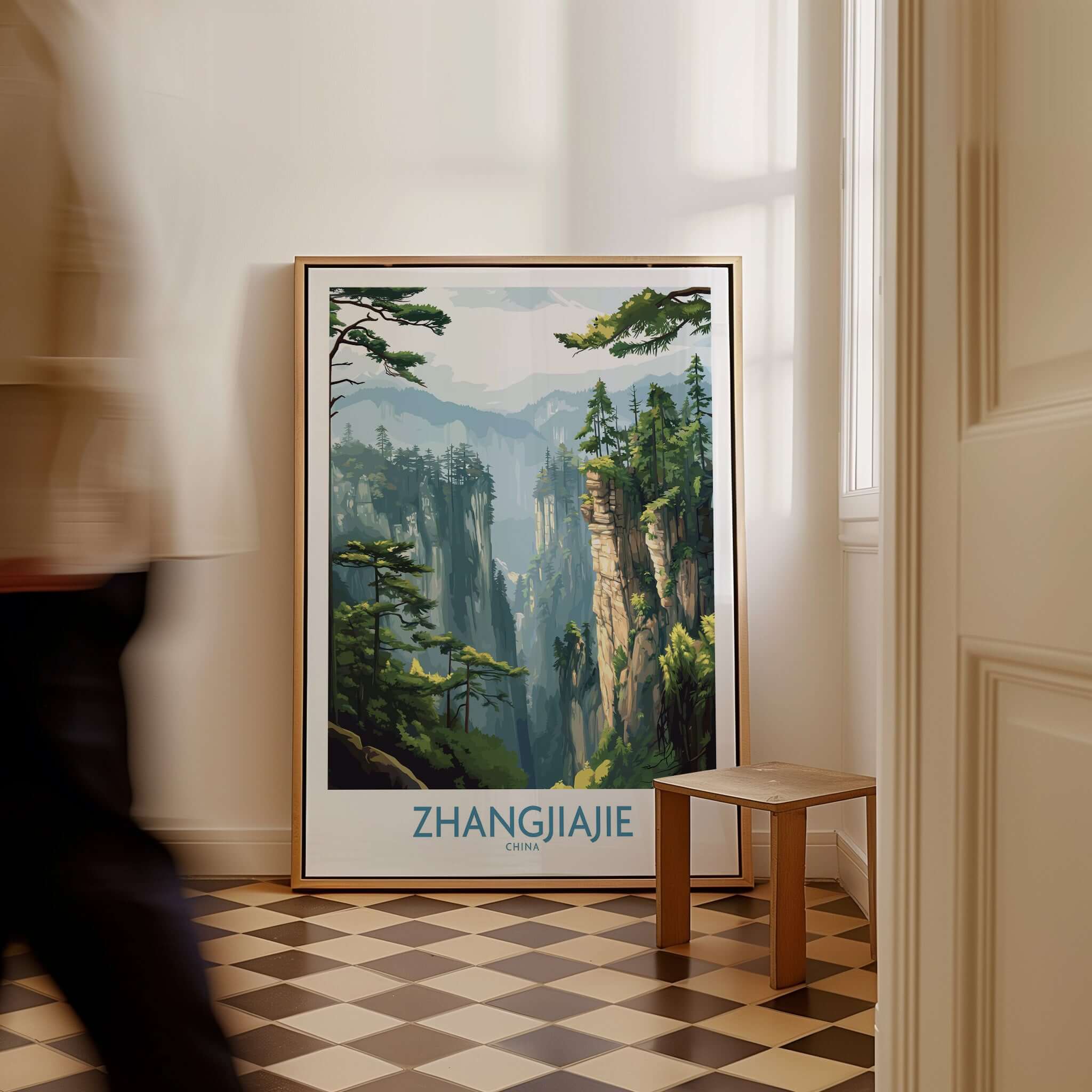 Zhangjiajie China Art Print | Misty Forest Canyon Poster displayed in a stylish interior setting.