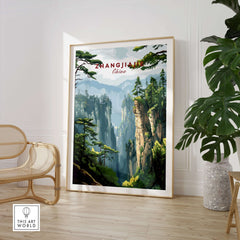 Zhangjiajie China Art Print | Misty Forest Canyon Poster featuring misty canyons and towering peaks in a stylish interior setting.