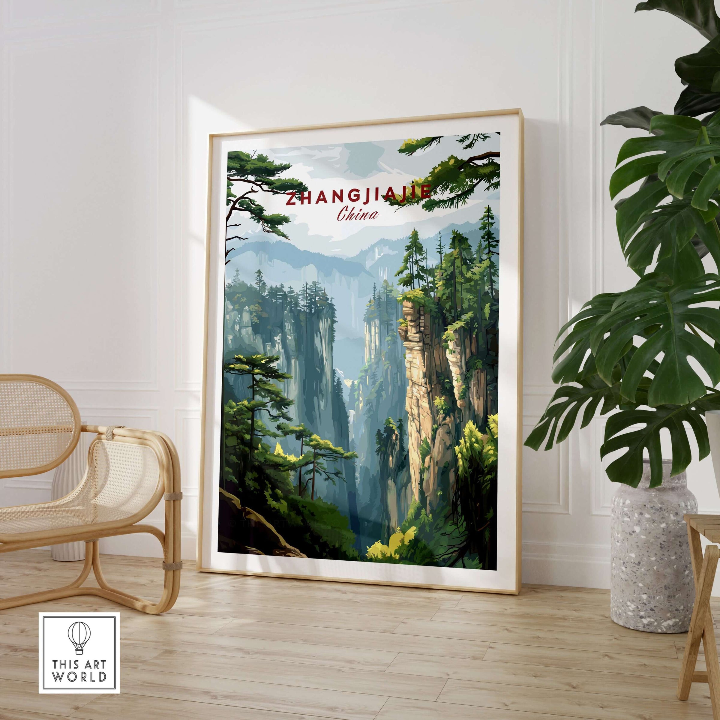 Zhangjiajie China Art Print | Misty Forest Canyon Poster featuring misty canyons and towering peaks in a stylish interior setting.