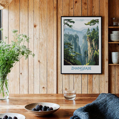 Zhangjiajie China Art Print | Misty Forest Canyon Poster displayed in a rustic setting with wooden decor and greenery.