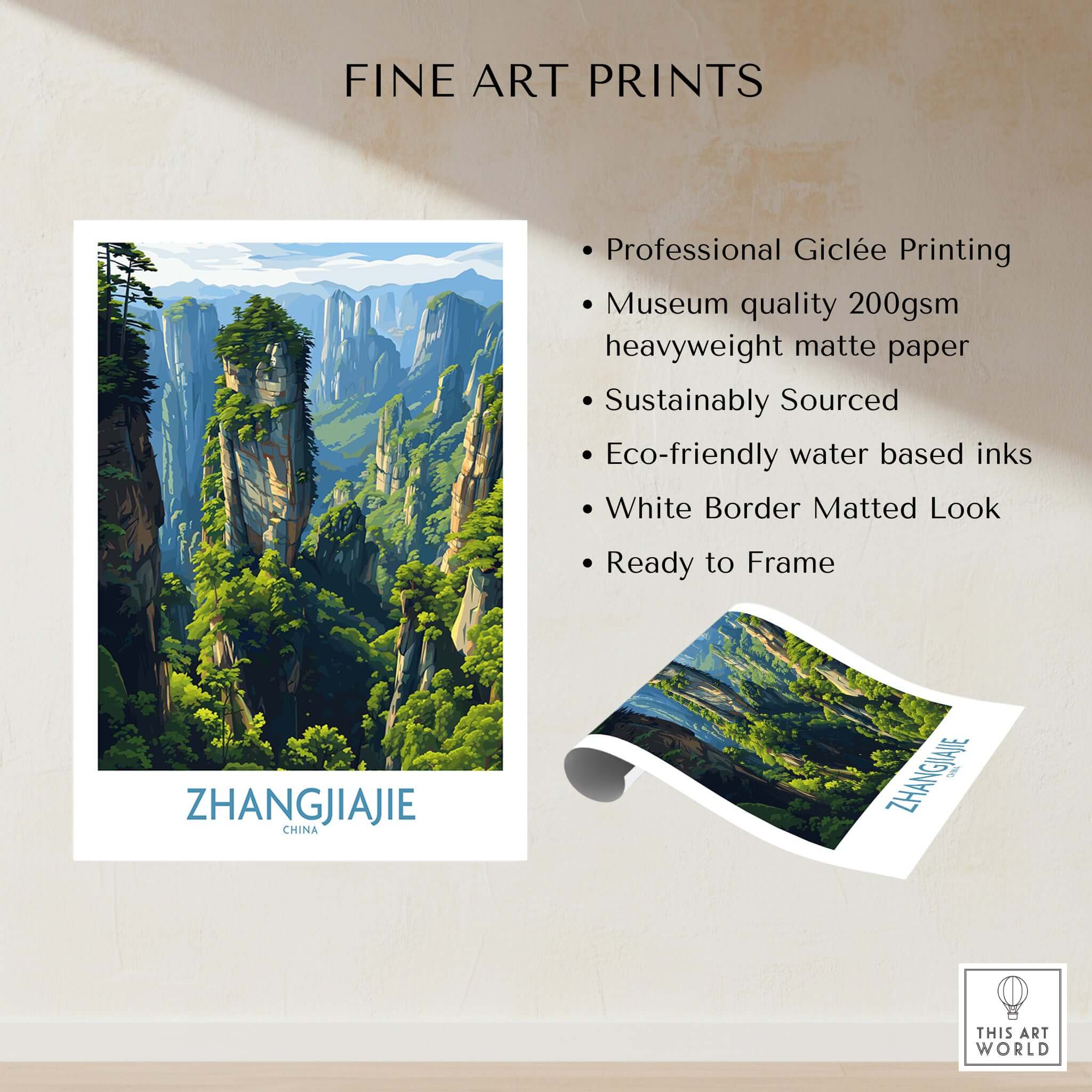 Zhangjiajie China Floating Mountains Art Print | Karst Peak Forest Poster showcasing professional giclée printing and eco-friendly inks.