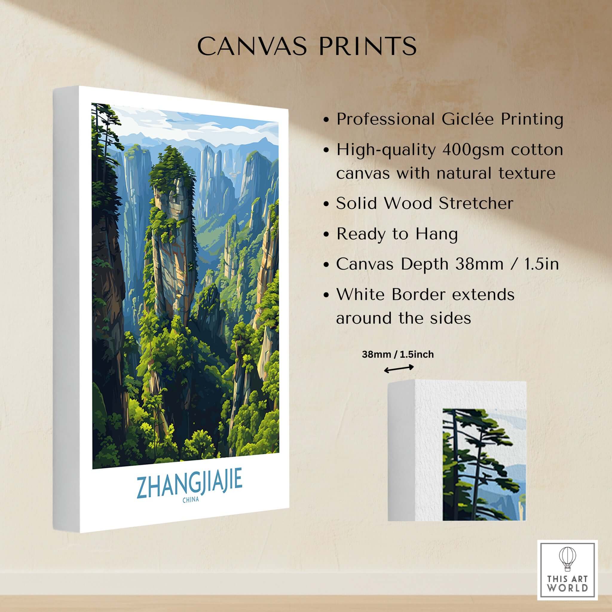 Zhangjiajie China Floating Mountains Art Print | Karst Peak Forest Poster showcasing high-quality canvas print features.