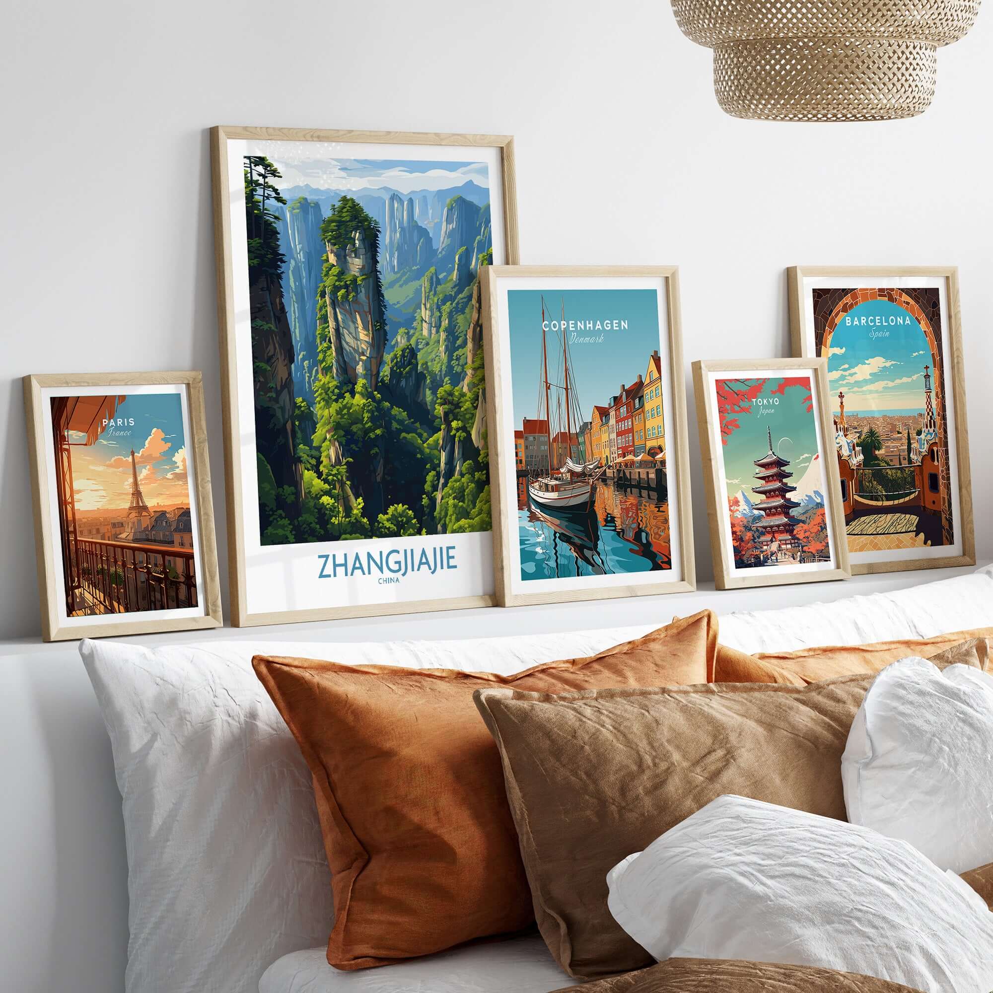 Zhangjiajie China Floating Mountains Art Print | Karst Peak Forest Poster displayed in framed art collection on a cozy sofa
