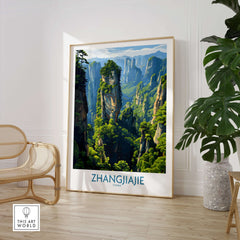 Zhangjiajie China Floating Mountains Art Print | Karst Peak Forest Poster displayed in a modern interior setting.