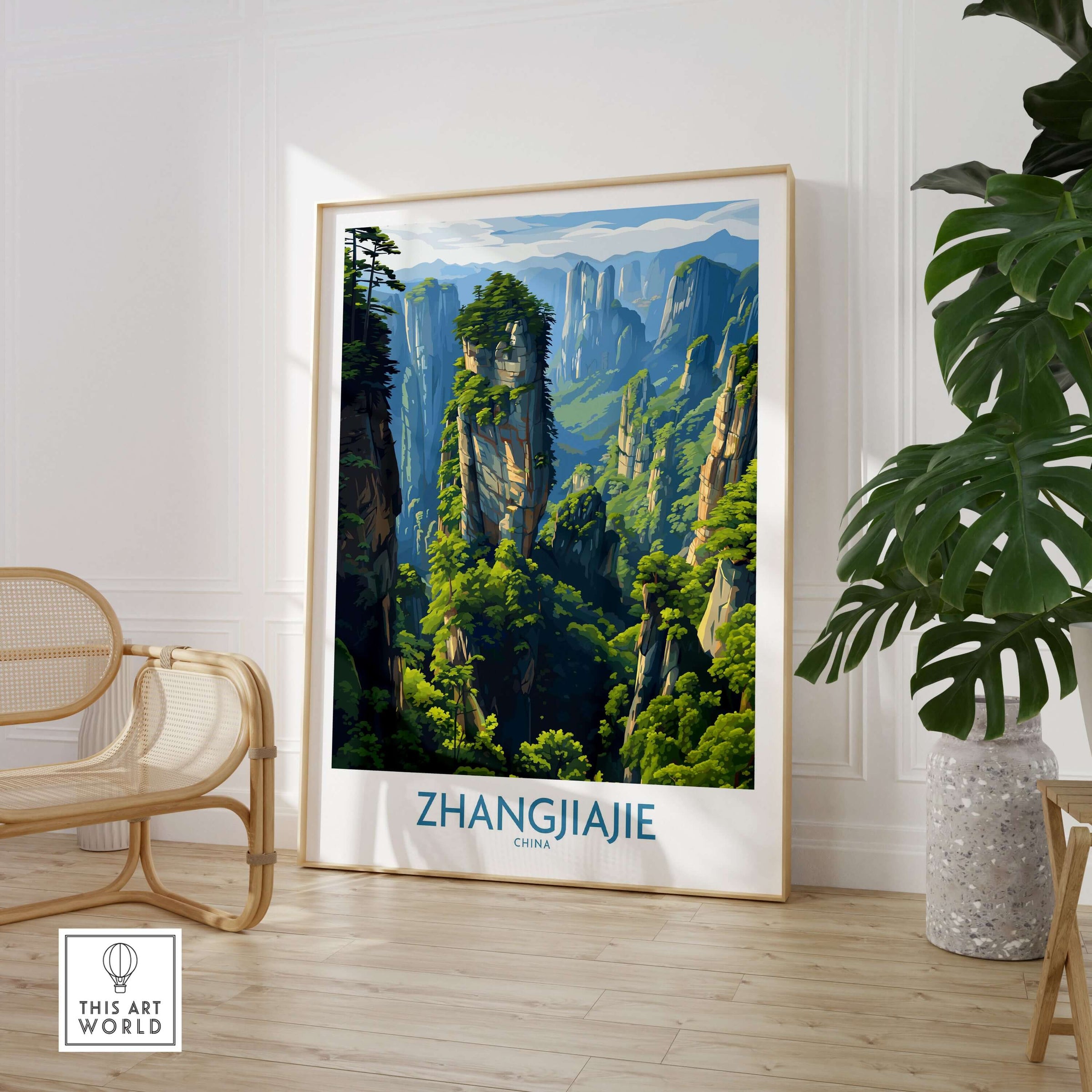 Zhangjiajie China Floating Mountains Art Print | Karst Peak Forest Poster displayed in a modern interior setting.