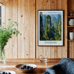 Zhangjiajie China Floating Mountains Art Print | Karst Peak Forest Poster displayed in a rustic wooden interior.
