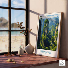 Zhangjiajie China Floating Mountains Art Print | Karst Peak Forest Poster displayed on a windowsill with a scenic background.