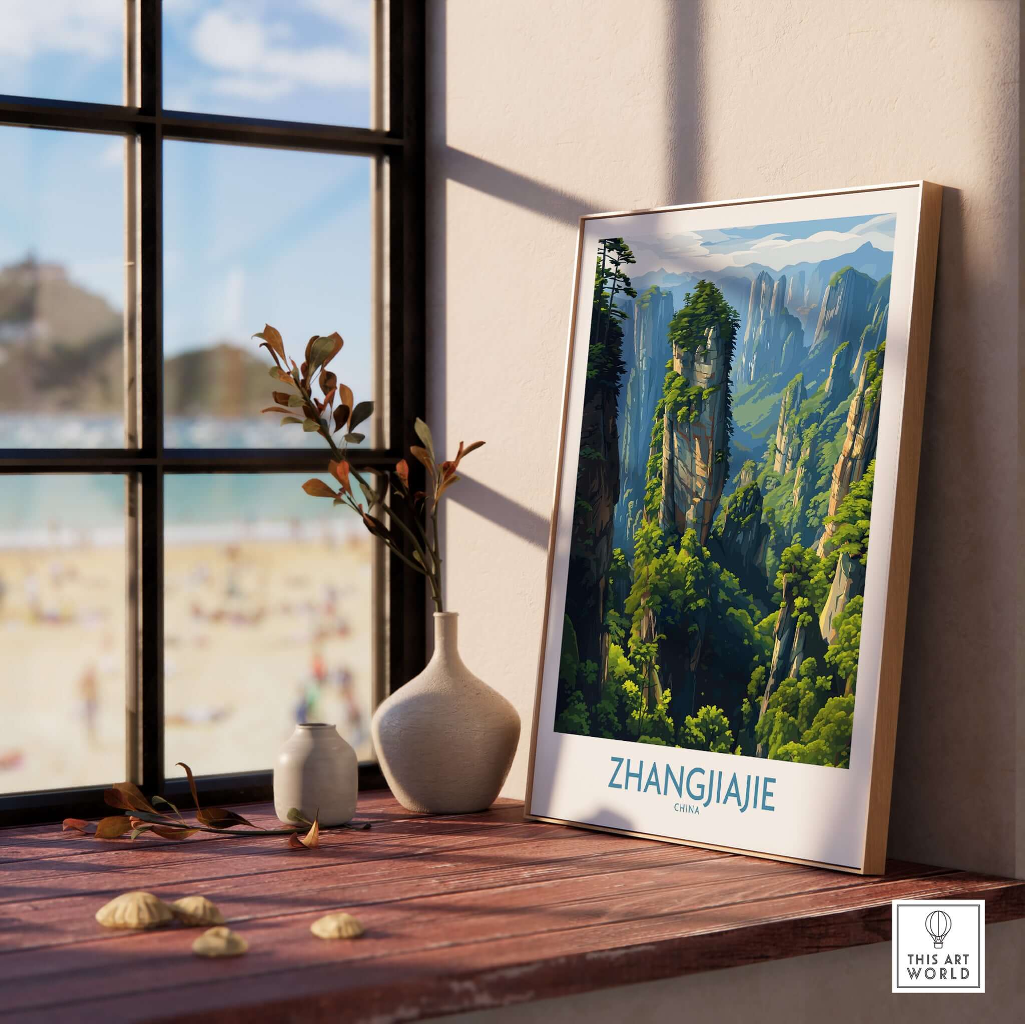 Zhangjiajie China Floating Mountains Art Print | Karst Peak Forest Poster displayed on a windowsill with a scenic background.