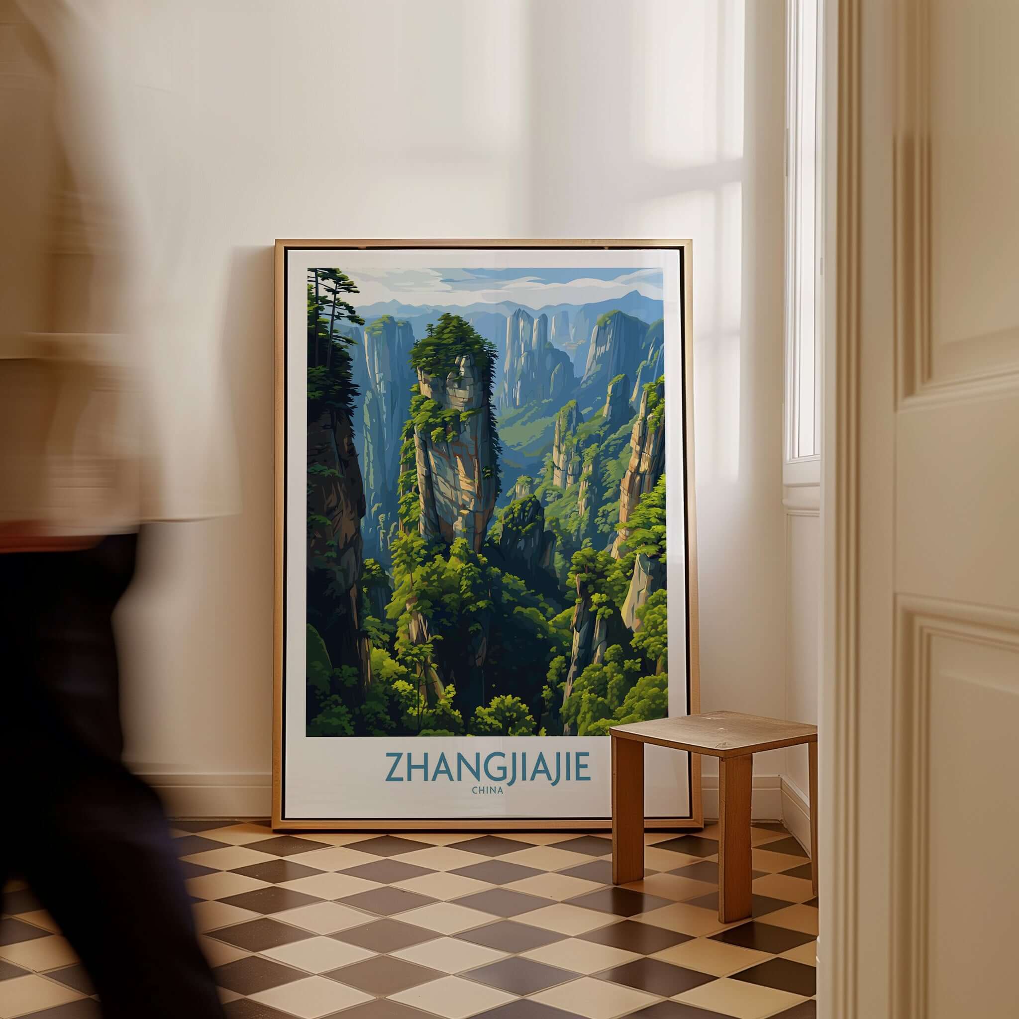 Zhangjiajie China Floating Mountains Art Print | Karst Peak Forest Poster displayed in a stylish interior setting.