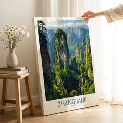 Zhangjiajie China Floating Mountains Art Print | Karst Peak Forest Poster displayed in a cozy interior setting.