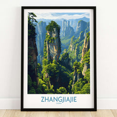 Zhangjiajie China Floating Mountains Art Print | Karst Peak Forest Poster featuring stunning peaks and lush greenery.