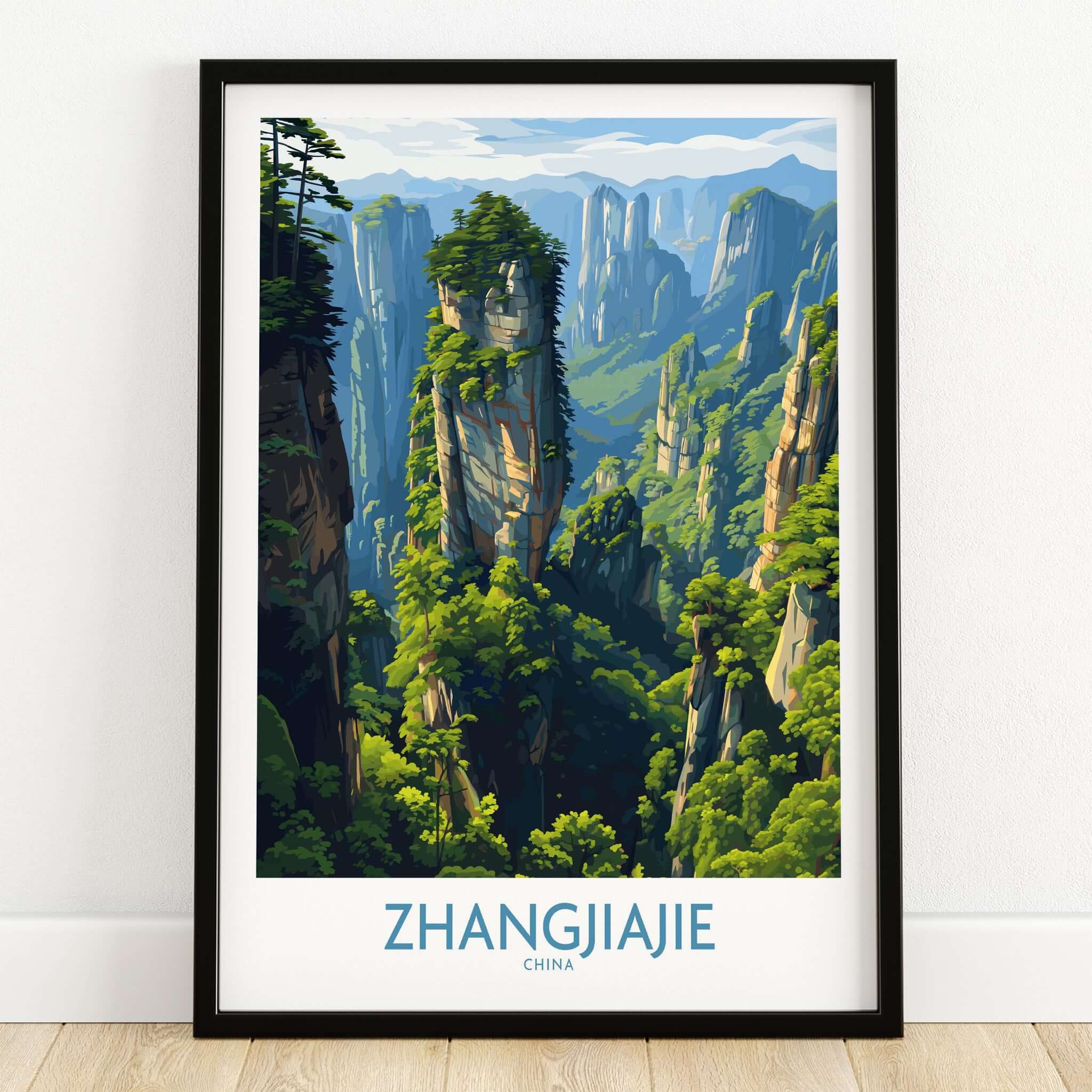 Zhangjiajie China Floating Mountains Art Print | Karst Peak Forest Poster featuring stunning peaks and lush greenery.