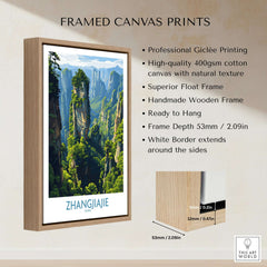 Zhangjiajie China Floating Mountains Art Print | Karst Peak Forest Poster displayed in a handmade wooden frame, ready to hang.