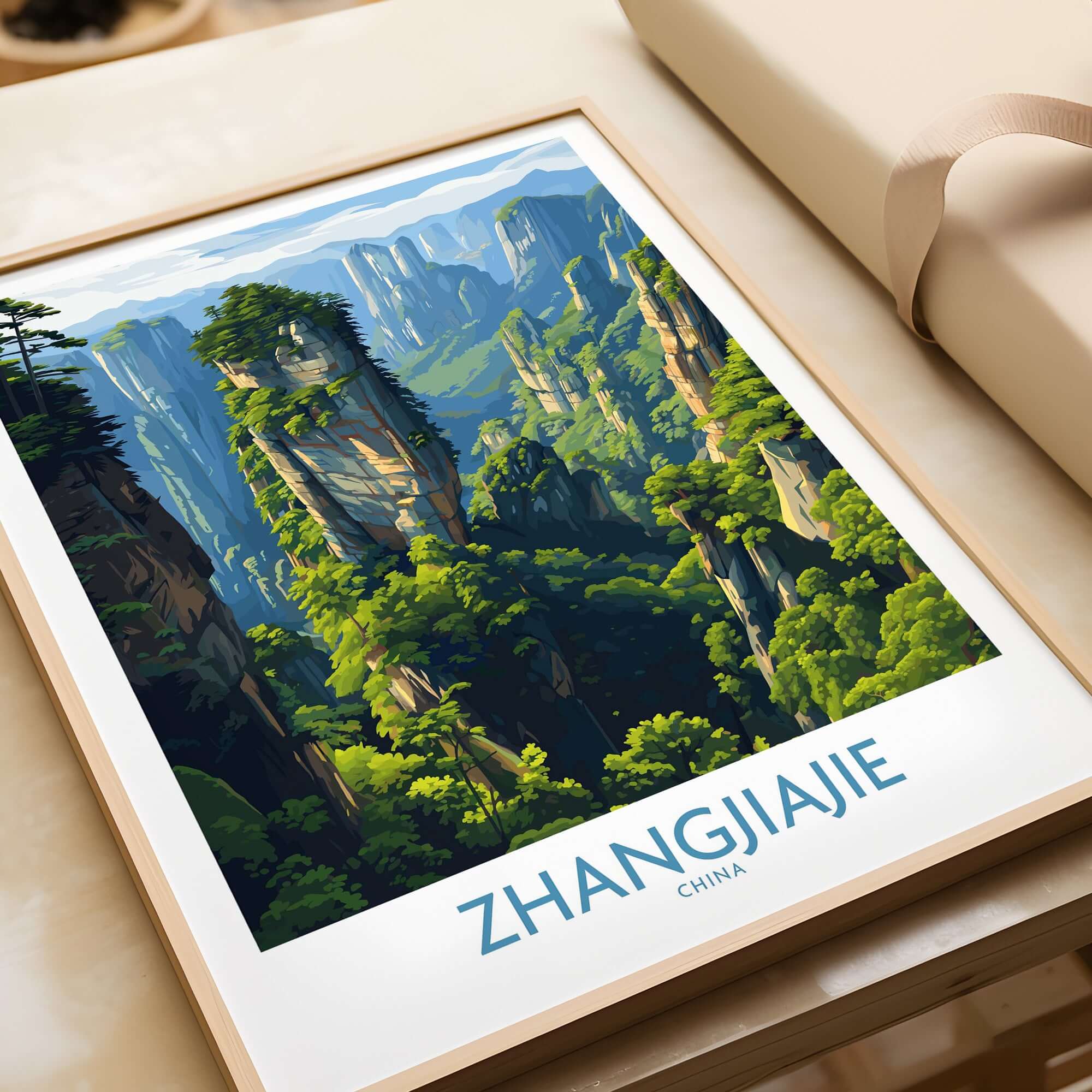 Zhangjiajie China Floating Mountains Art Print | Karst Peak Forest Poster showcasing lush peaks and vivid landscapes.