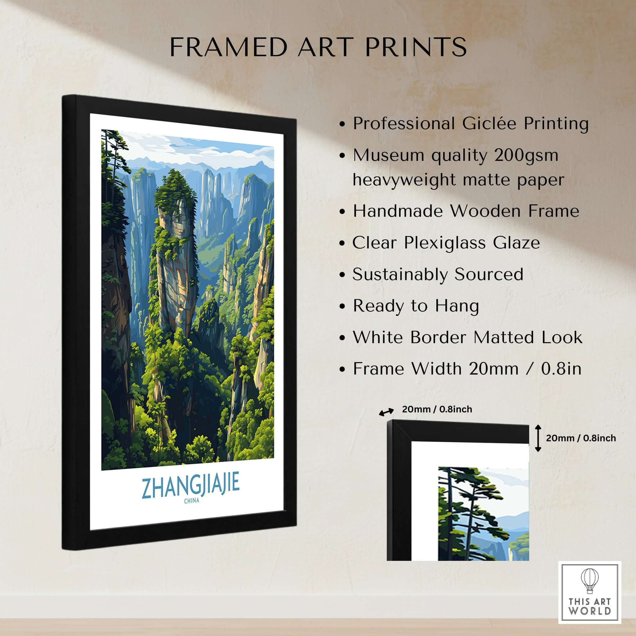 Zhangjiajie China Floating Mountains Art Print | Karst Peak Forest Poster framed with professional Giclée printing.