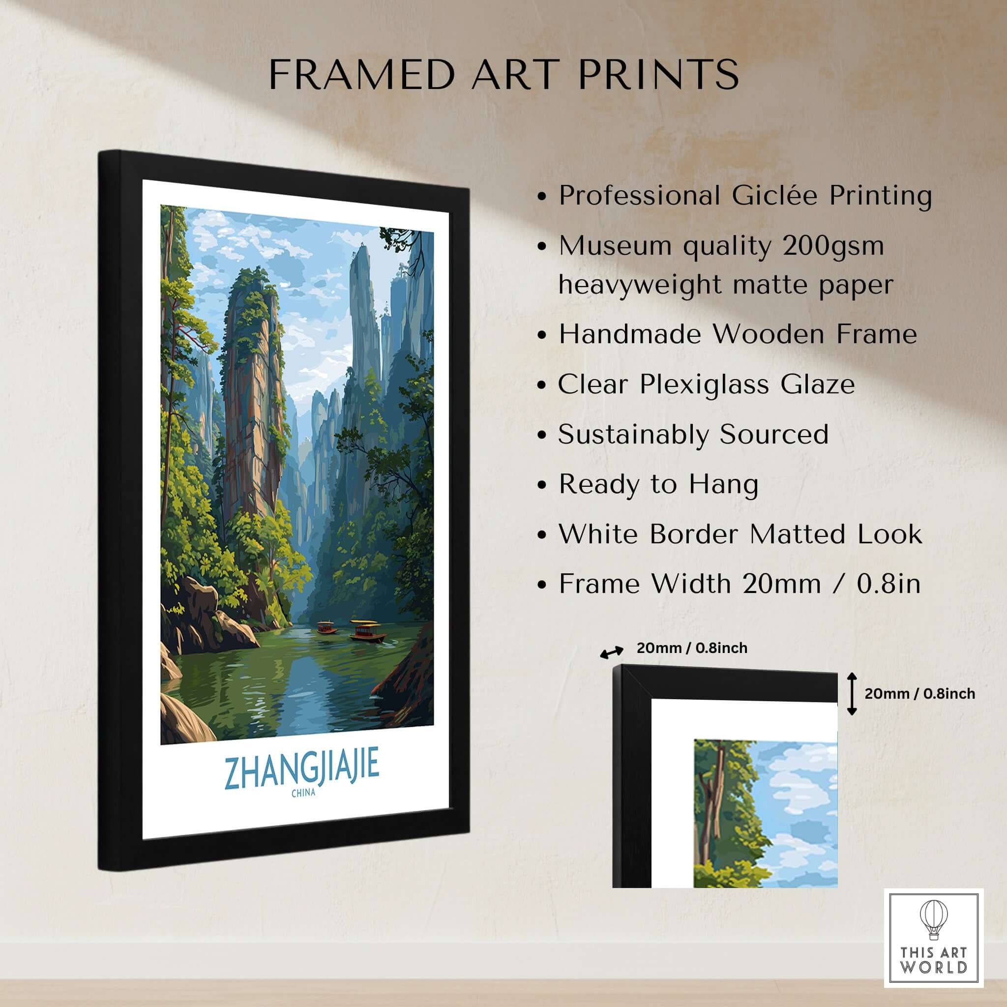 Zhangjiajie China Art Print | Karst Peaks River Poster framed with museum quality giclée printing and handmade wooden frame