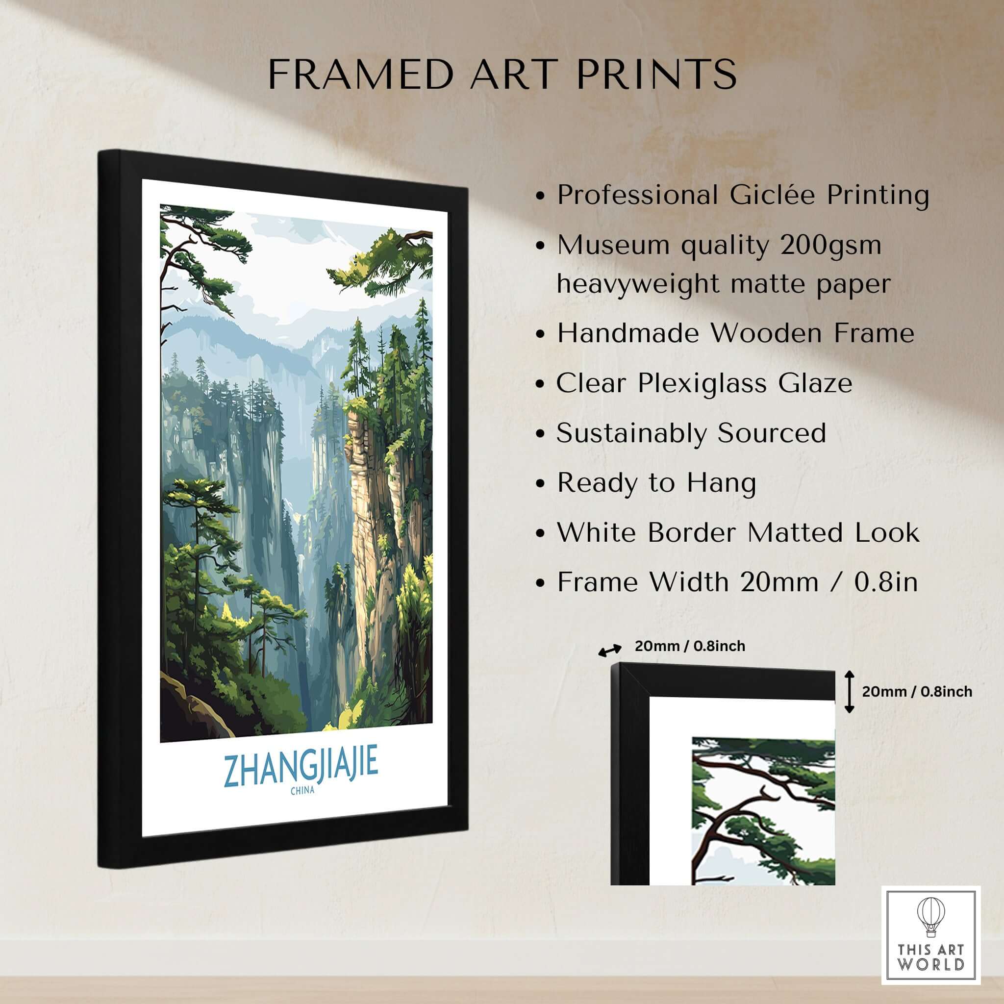 Zhangjiajie China Art Print | Misty Forest Canyon Poster framed art print with specifications and details.