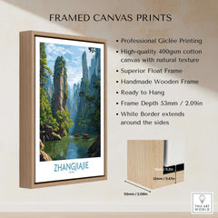 Zhangjiajie China Art Print | Karst Peaks River Poster displayed in a framed canvas print with natural textures.