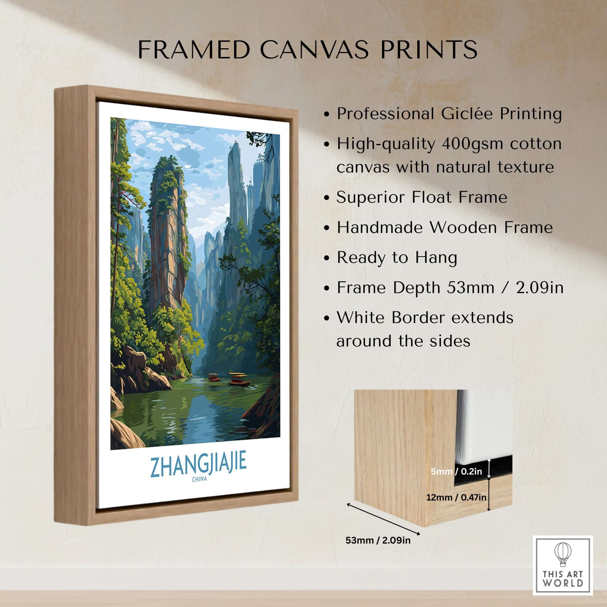 Zhangjiajie China Art Print | Karst Peaks River Poster displayed in a framed canvas print with natural textures.