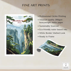 Zhangjiajie China Art Print | Misty Forest Canyon Poster showcasing misty forest canyons and towering peaks.