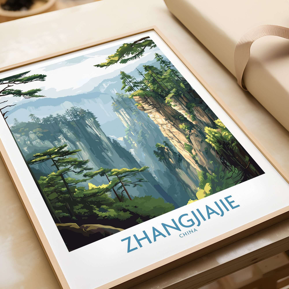 Zhangjiajie China Art Print | Misty Forest Canyon Poster featuring misty cliffs and lush landscapes.