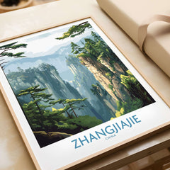 Zhangjiajie China Art Print | Misty Forest Canyon Poster featuring misty cliffs and lush landscapes.